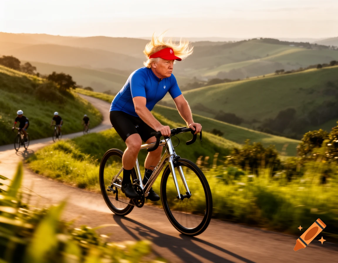 Donald Trump rides a bicycle down a winding road in rolling green hills at sunset, with other cyclists behind him.