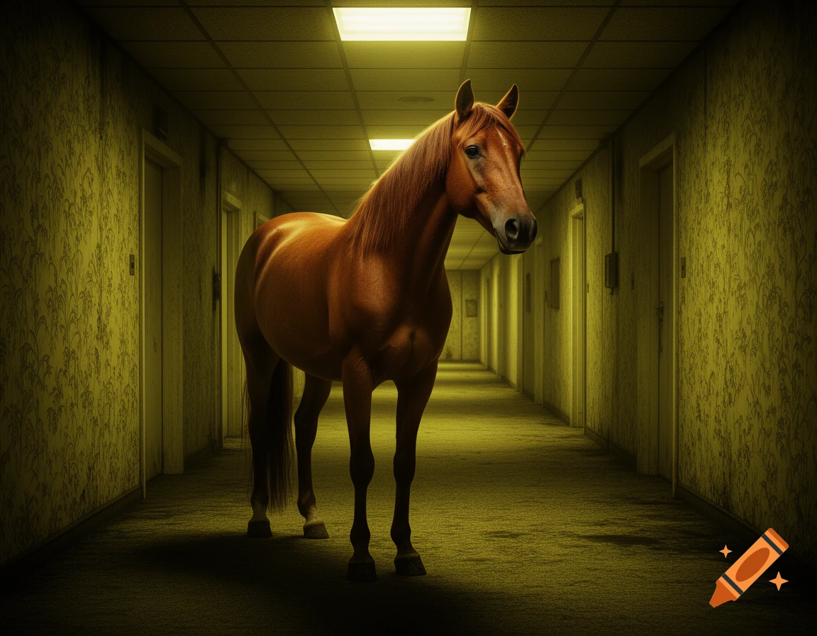 A brown horse stands in a long, dimly lit hallway with yellow, textured walls and a matching carpet, under bright ceiling lights.