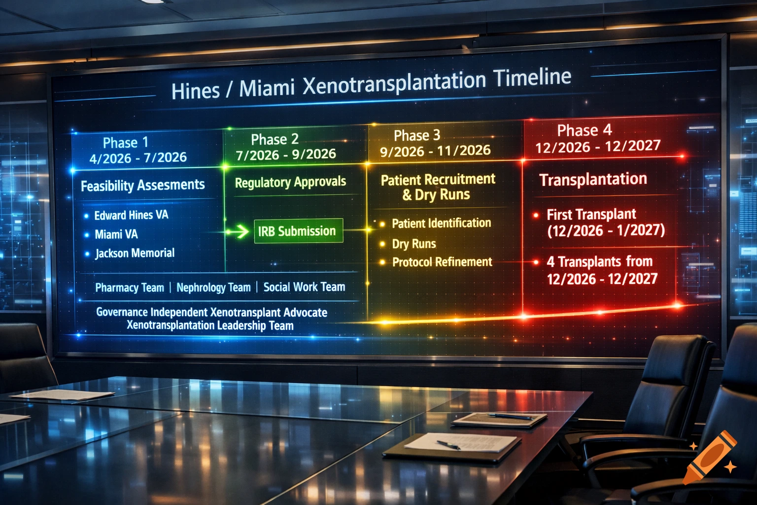 A conference room with a large screen displaying a detailed "Hines / Miami Xenotransplantation Timeline" with four phases and bullet points.