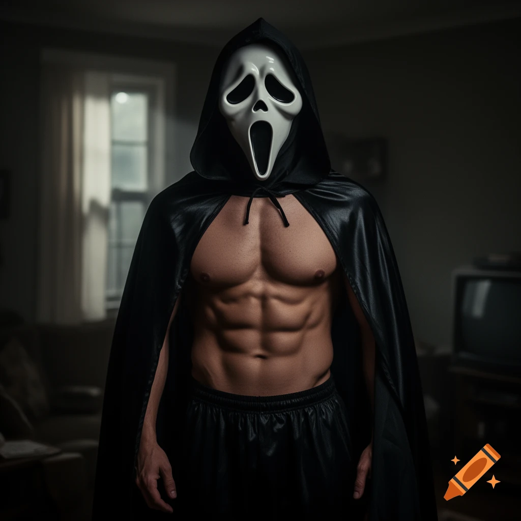 Ghostface from Scream wearing a black cape, shirtless, revealing a muscular torso in a dimly lit room.