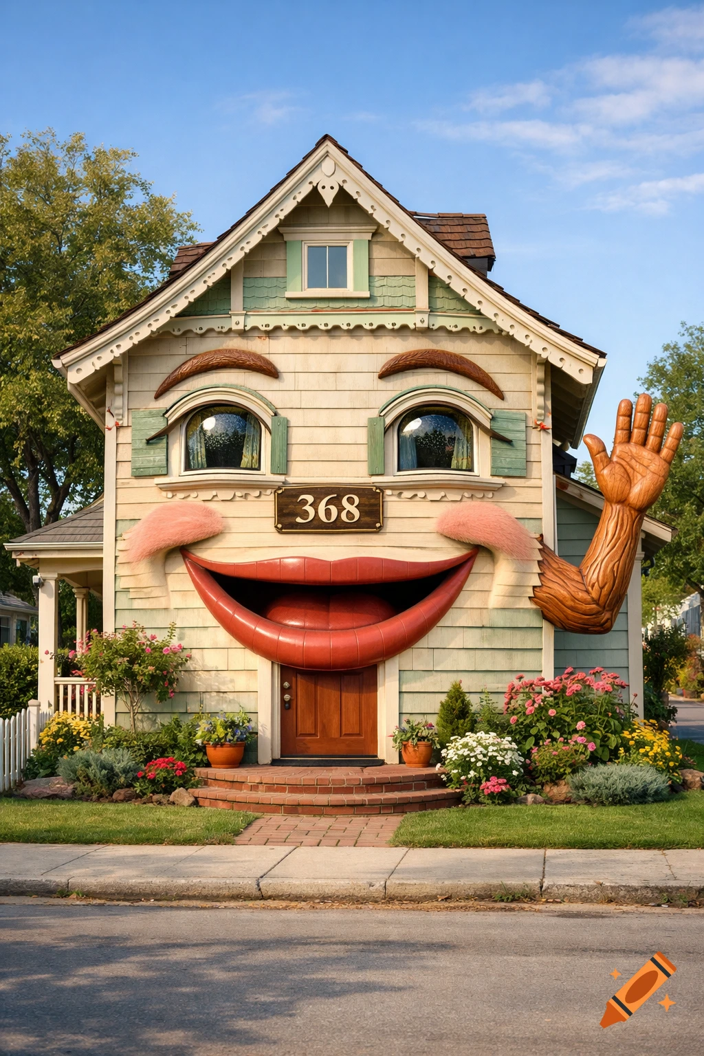 Photorealistic image of a whimsical house with a cheerful face and a wooden arm waving, showing the number 368.