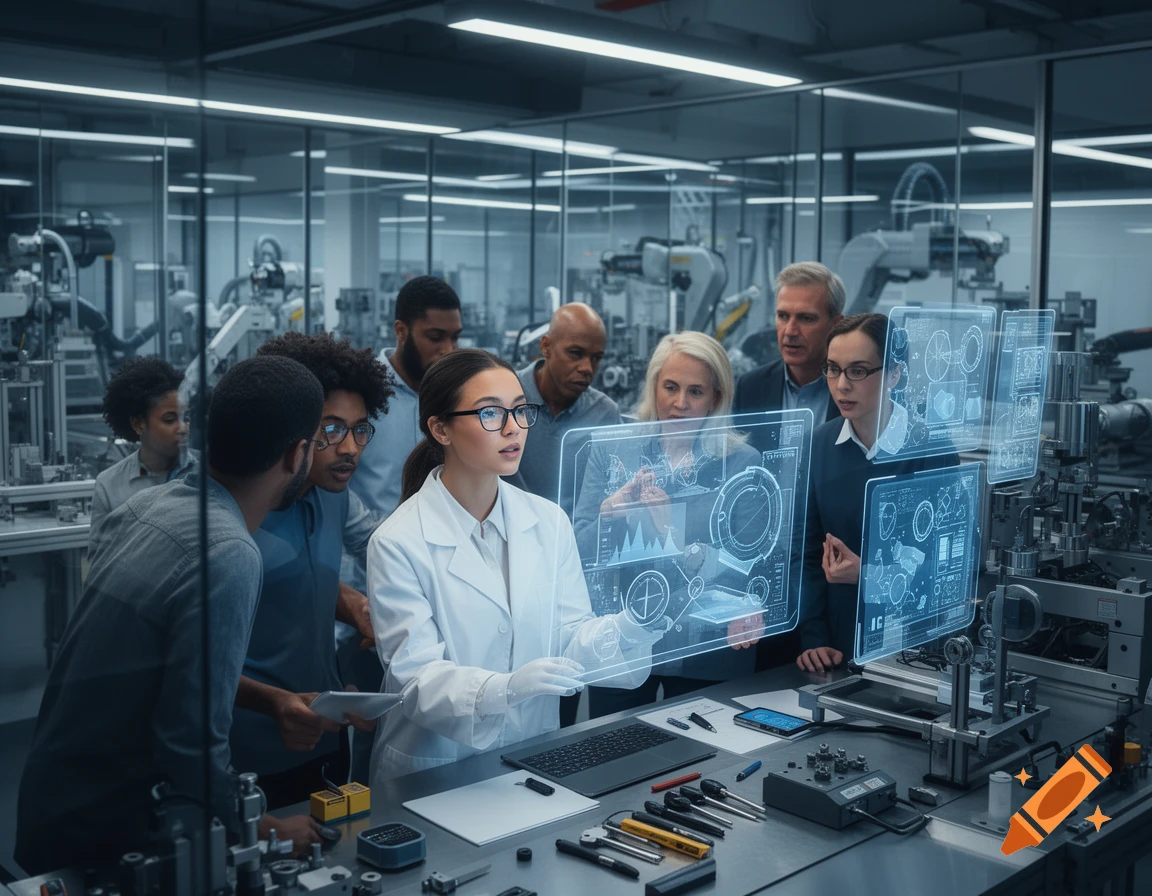 A diverse group of scientists and engineers examine holographic data displays in a modern technology lab, with robotic arms in the background.