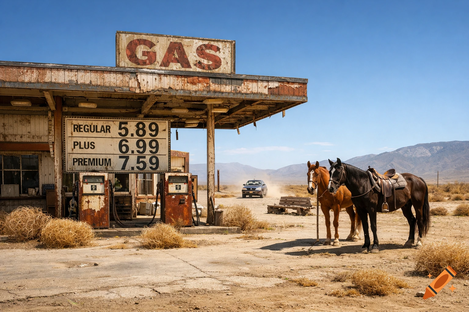 A rusty, abandoned gas station in a desert landscape under a clear sky, with two horses standing nearby and a car driving on a dirt road.