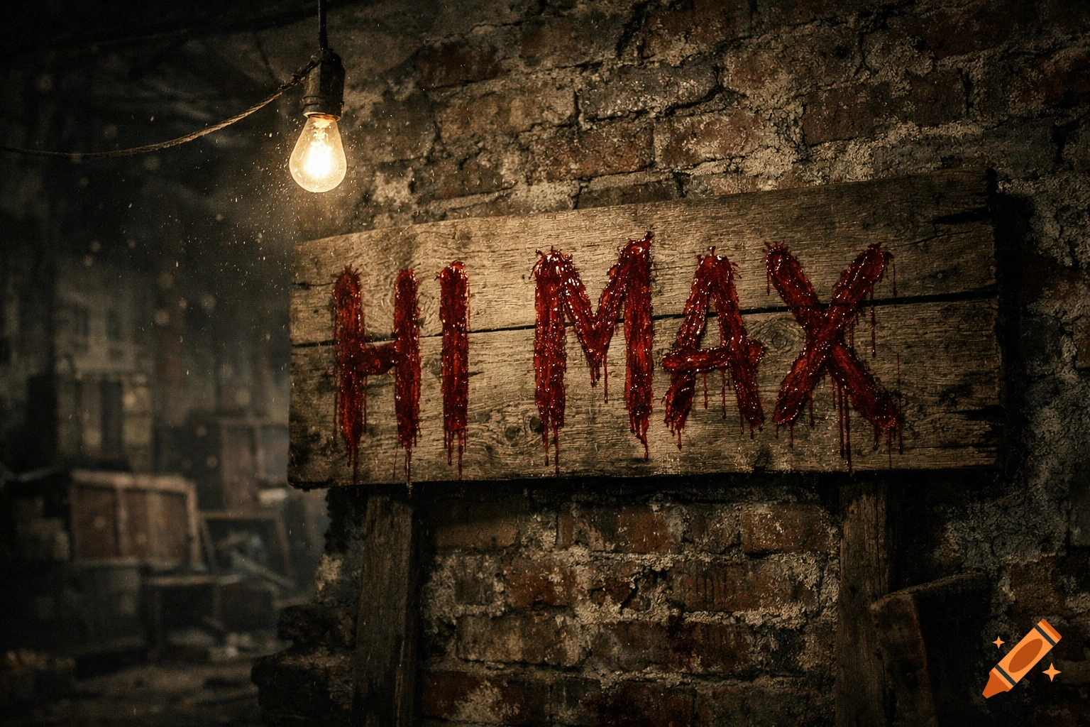 A wooden sign on a brick wall with 'HI MAX' written in dripping blood, lit by a single bulb in a dark room.