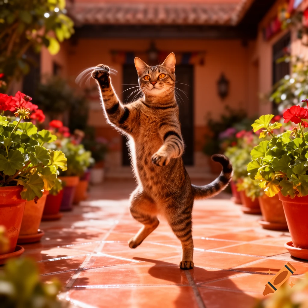 A tabby cat stands on its hind legs with paws up, as if dancing, on a terracotta tiled patio lined with potted red geraniums.