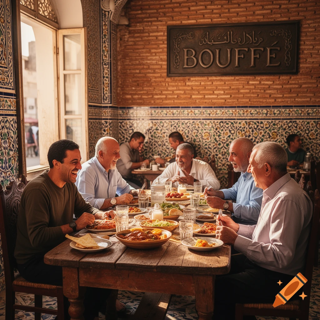 Several men laugh and dine together at a long wooden table in a bustling restaurant with ornate tiled walls and a brick wall sign.