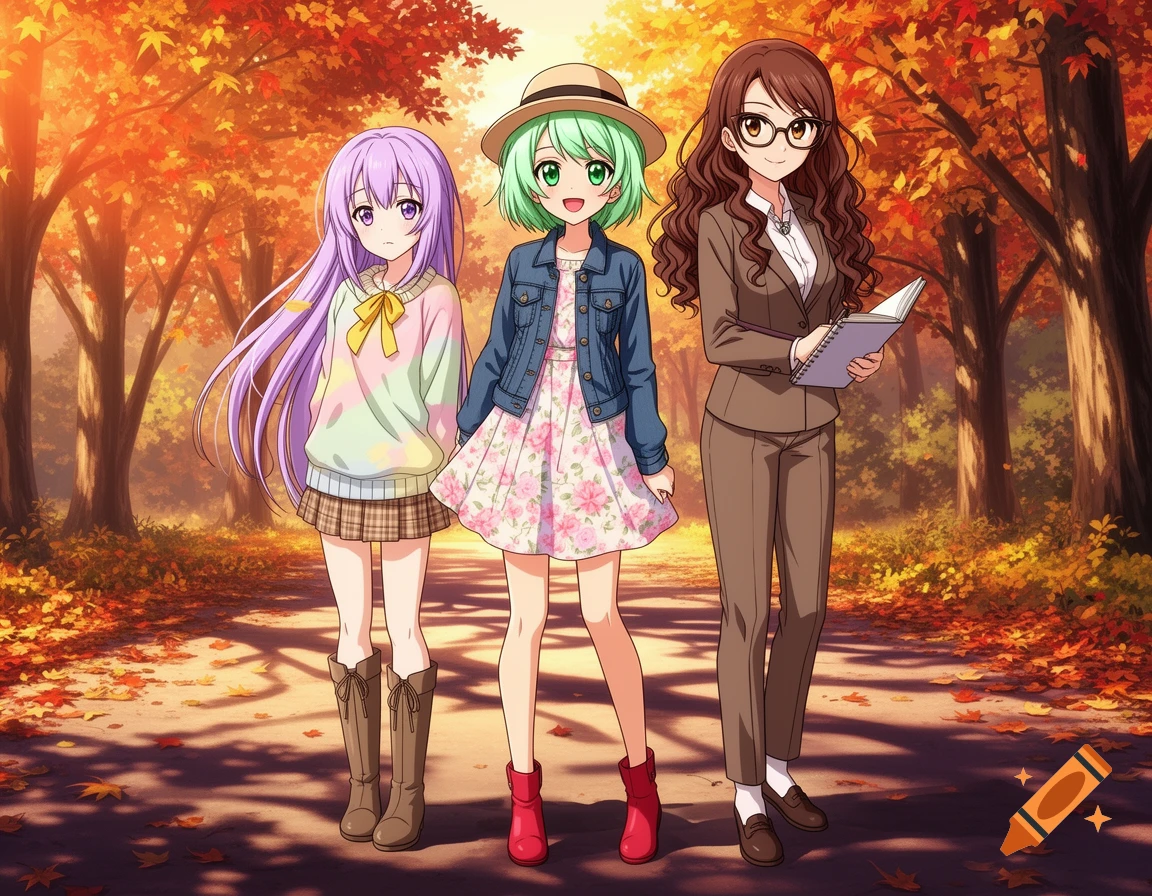 Three anime girls stand on a path surrounded by vibrant autumn trees and fallen leaves. One wears a suit, another a floral dress, and a third a plaid skirt.