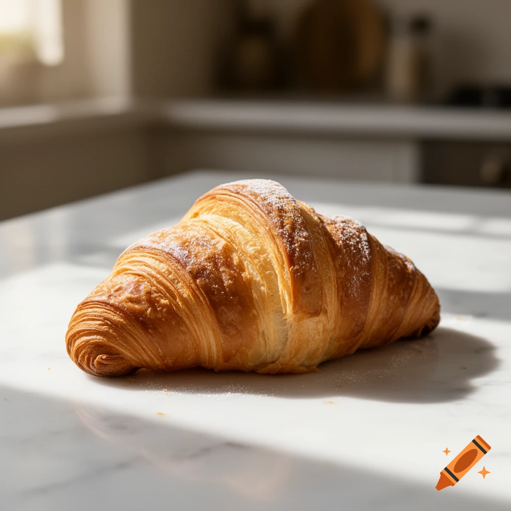 Photorealistic image of a golden-brown croissant dusted with powdered sugar on a marble surface in sunlight.