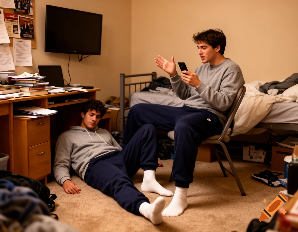 Two young men in a messy dorm room. One sits on a chair, on his phone; the other lies on the floor.