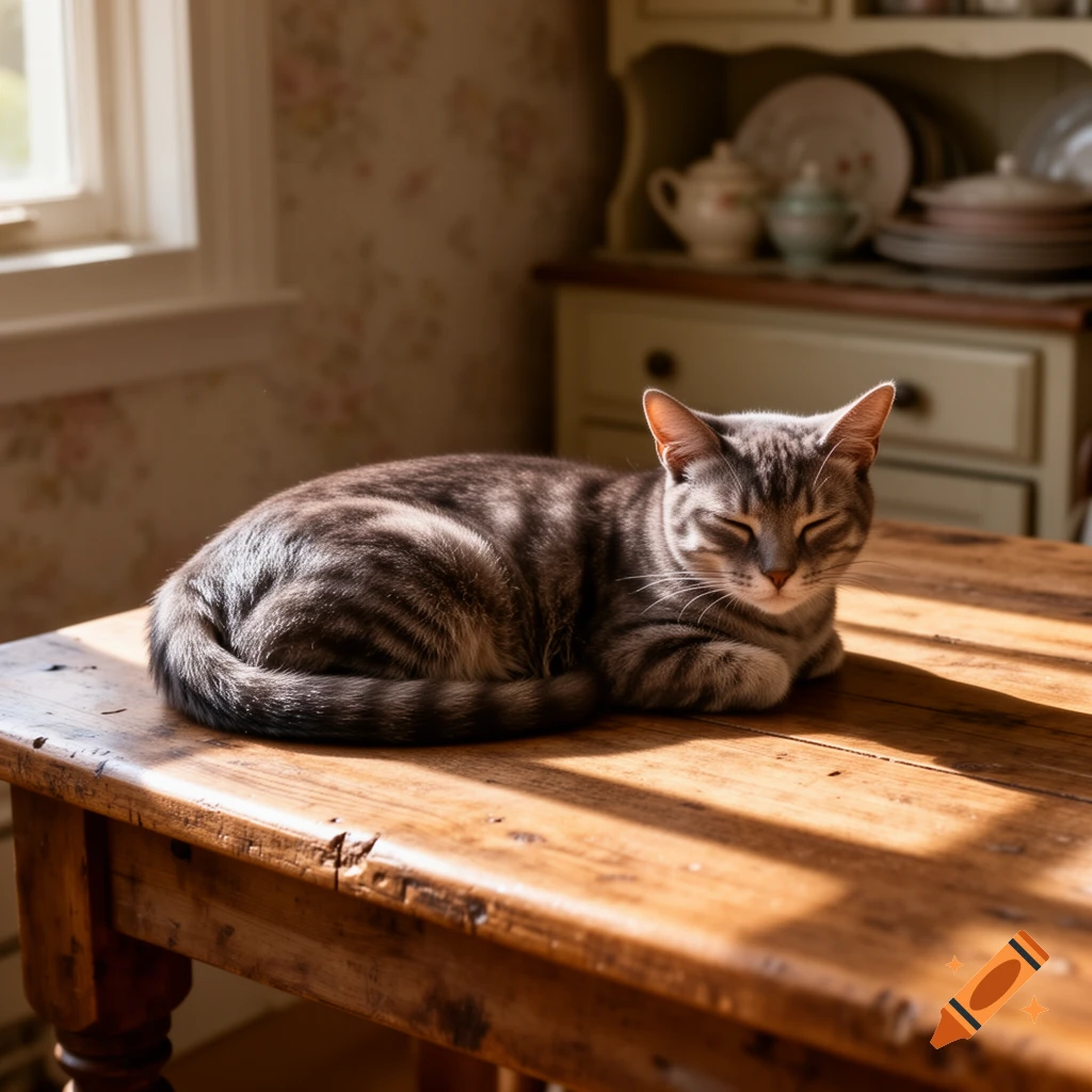 A tabby cat with closed eyes rests on a sun-drenched wooden table, with kitchen furniture in the soft-focus background.