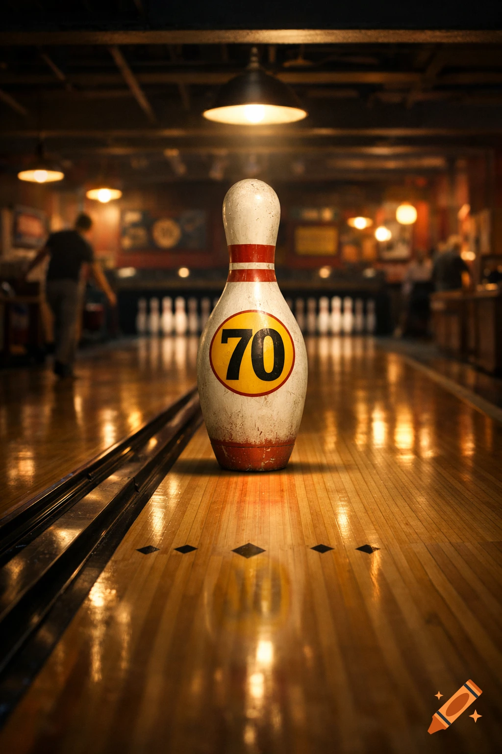 Photorealistic image of a bowling pin with the number 70 on a shiny wooden bowling lane in an alley.
