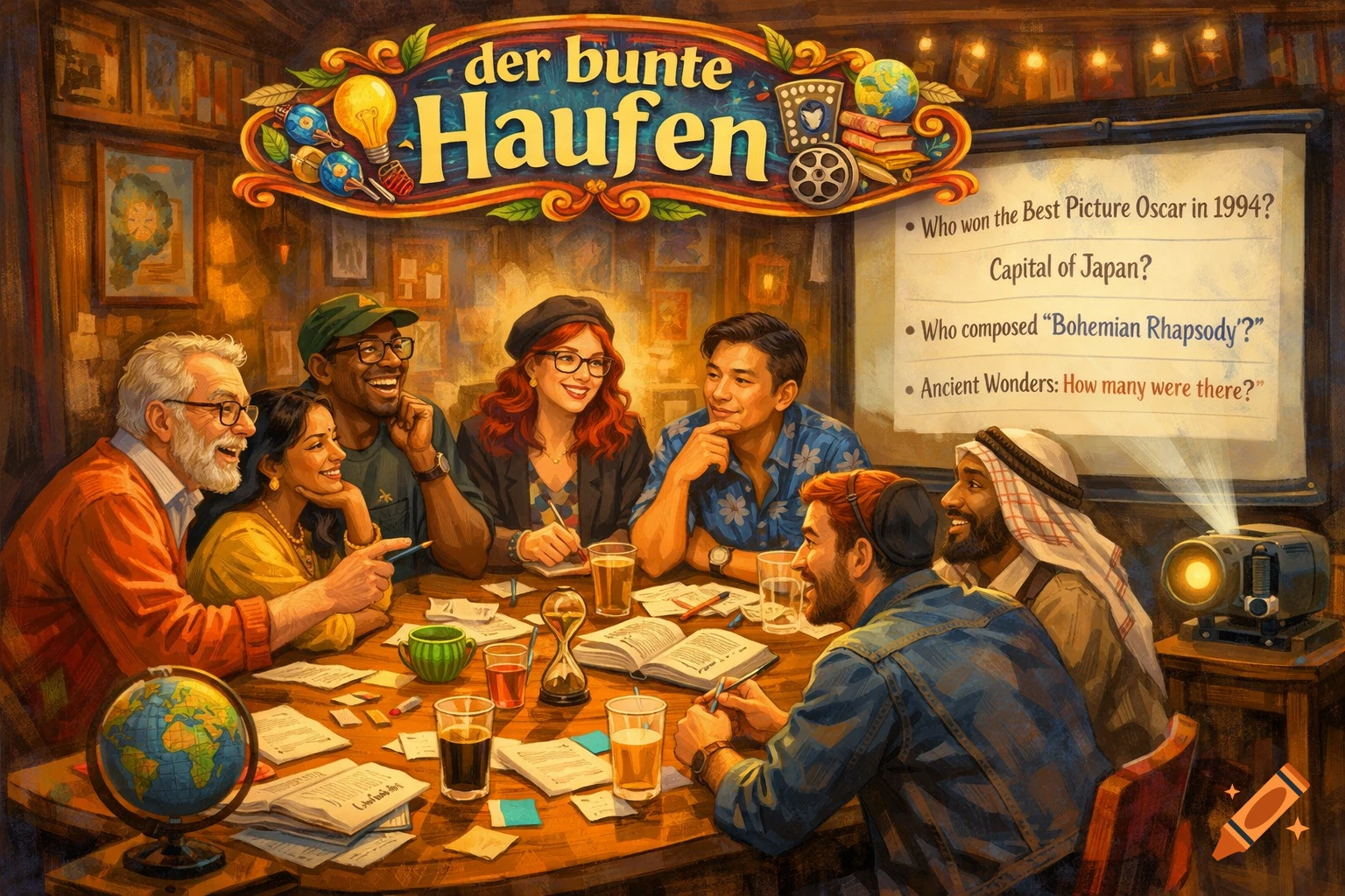 A group of diverse friends joyfully playing a quiz game around a table with a projection screen displaying questions, in a painterly style.