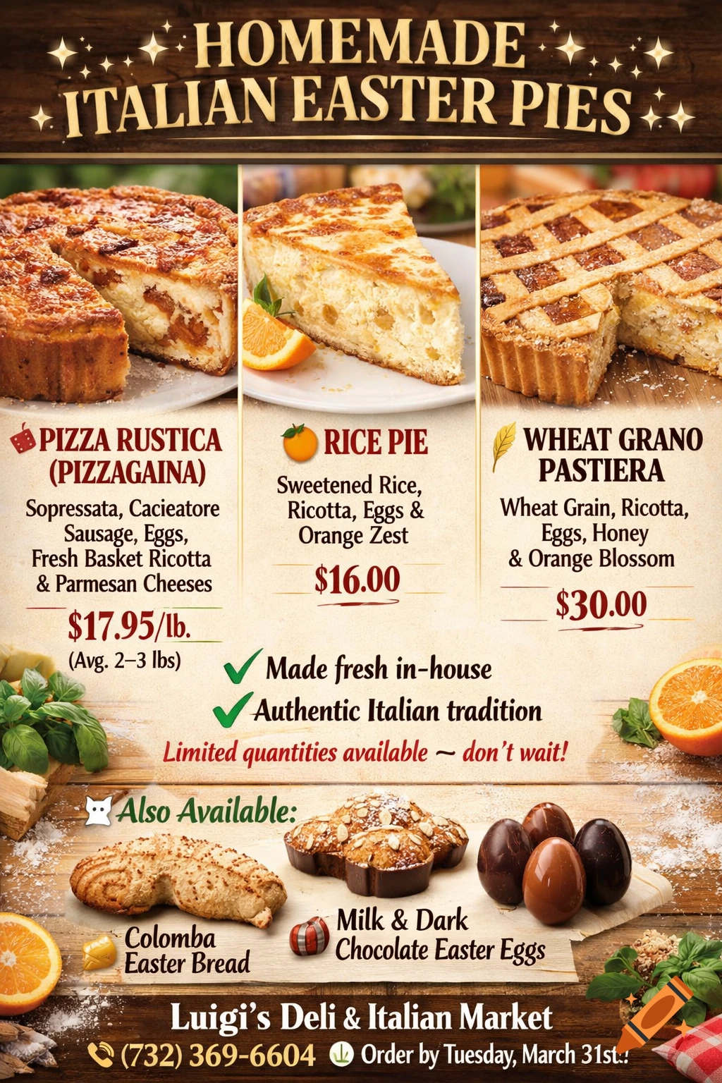 A colorful advertisement poster for Homemade Italian Easter Pies, featuring Pizza Rustica, Rice Pie, Wheat Grano Pastiera, Colomba Easter Bread, and Chocolate Easter Eggs, with prices and contact information.