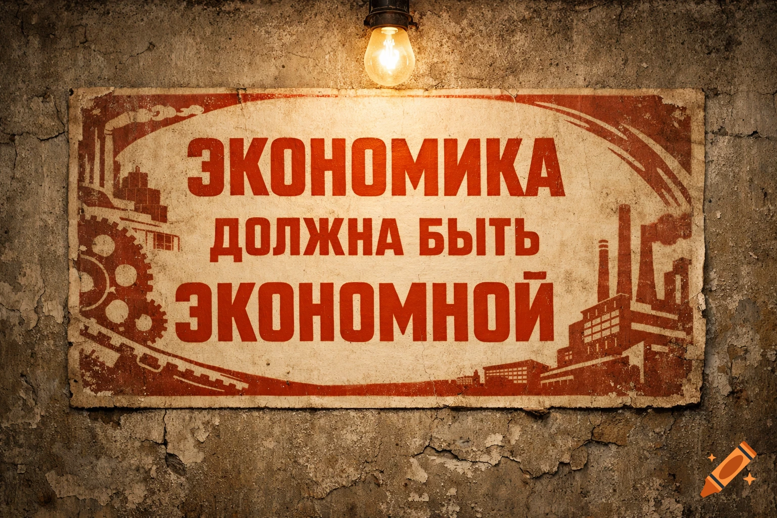 Vintage Russian propaganda poster on a cracked concrete wall, lit by a bare bulb, with text 'The economy must be economical' and industrial art.