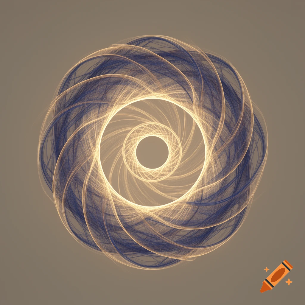 A glowing multi-dimensional toroidal spiral lattice in soft gold and deep indigo tones on a neutral background, digital art.