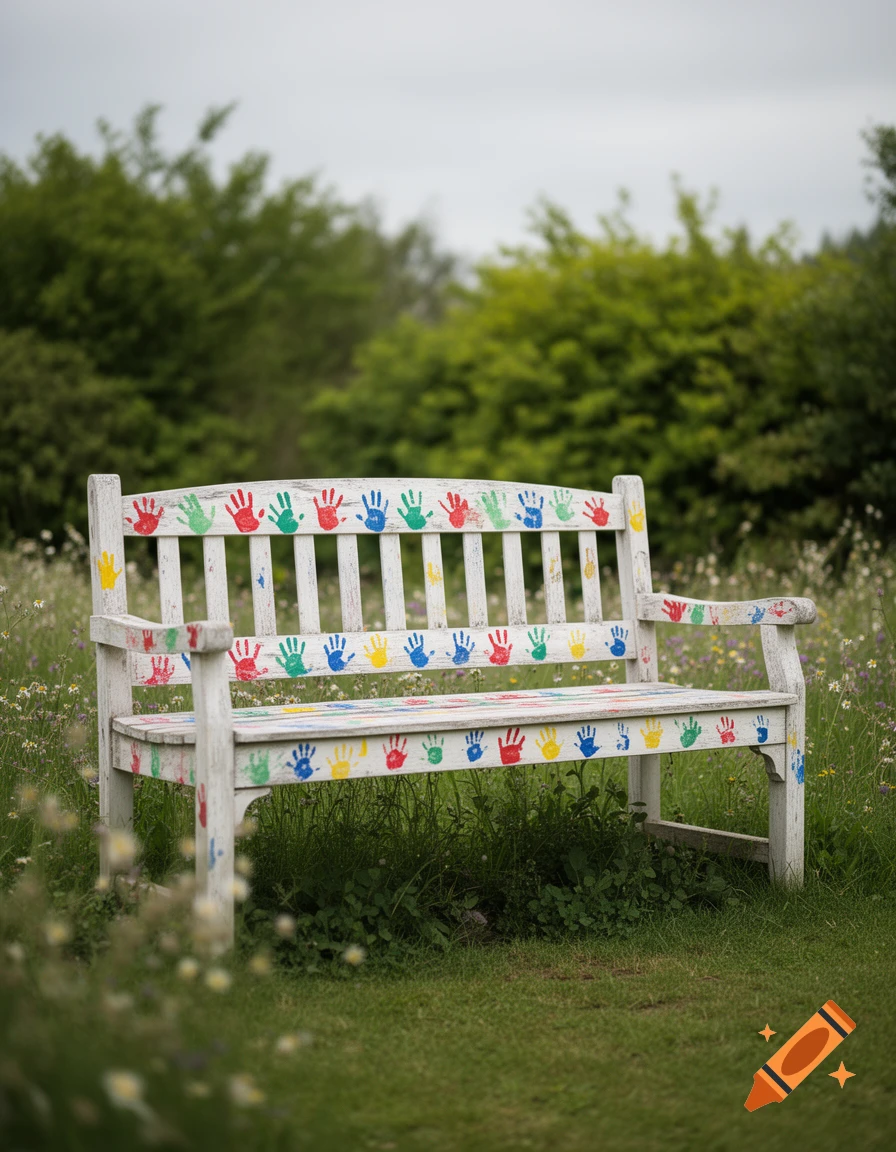 White wooden bench decorated with colorful handprints in a grassy outdoor setting with trees and wildflowers.