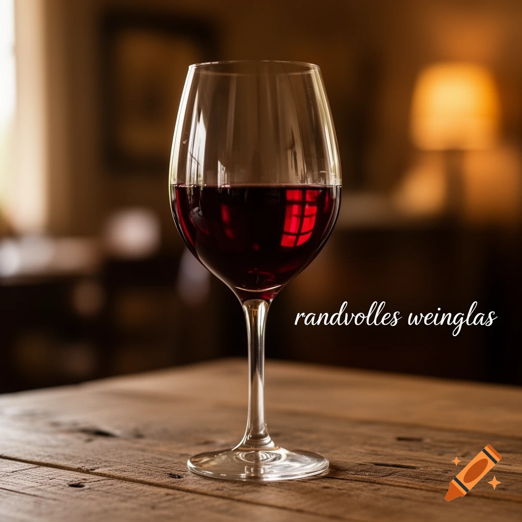 A close-up, photorealistic shot of a clear wine glass filled with red wine, standing on a wooden table.