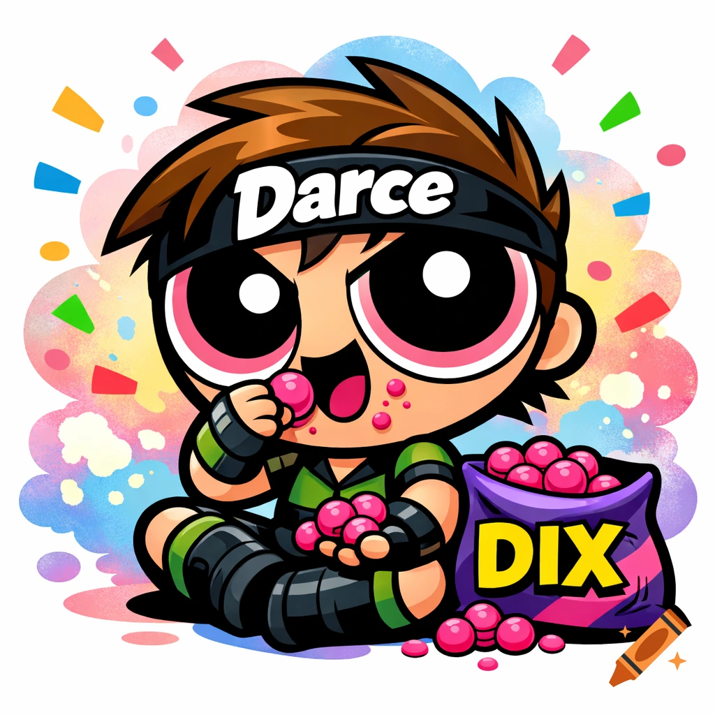 Powerpuff Girls-style character named Darce eating pink treats from a bag labeled DIX, with confetti around.