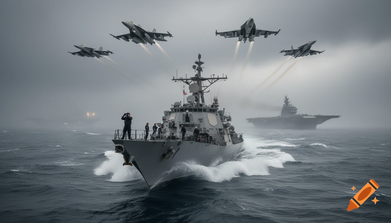Photorealistic image of a US Navy destroyer leading a fleet of ships and fighter jets on a stormy sea.