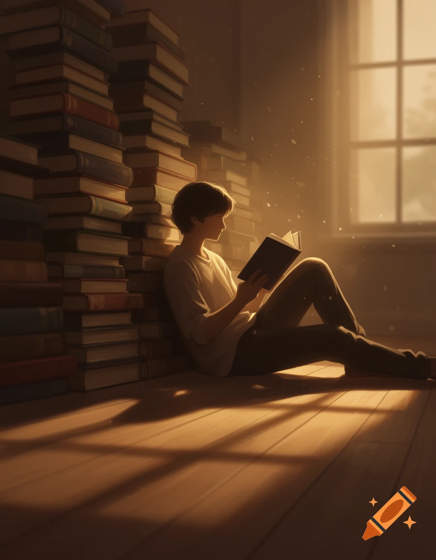 An illustrative image of a person reading a book while leaning against tall stacks of books, bathed in warm sunlight.
