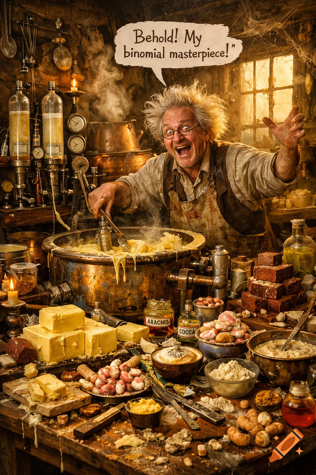An excited, wild-haired old man in a messy, cluttered lab/kitchen stirs a large pot, surrounded by ingredients, with a speech bubble saying 'Behold! My binomial masterpiece!'