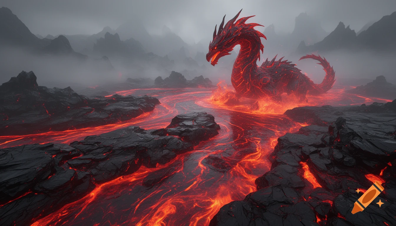 A menacing red and black lava dragon stands in a misty volcanic landscape with flowing orange lava rivers.