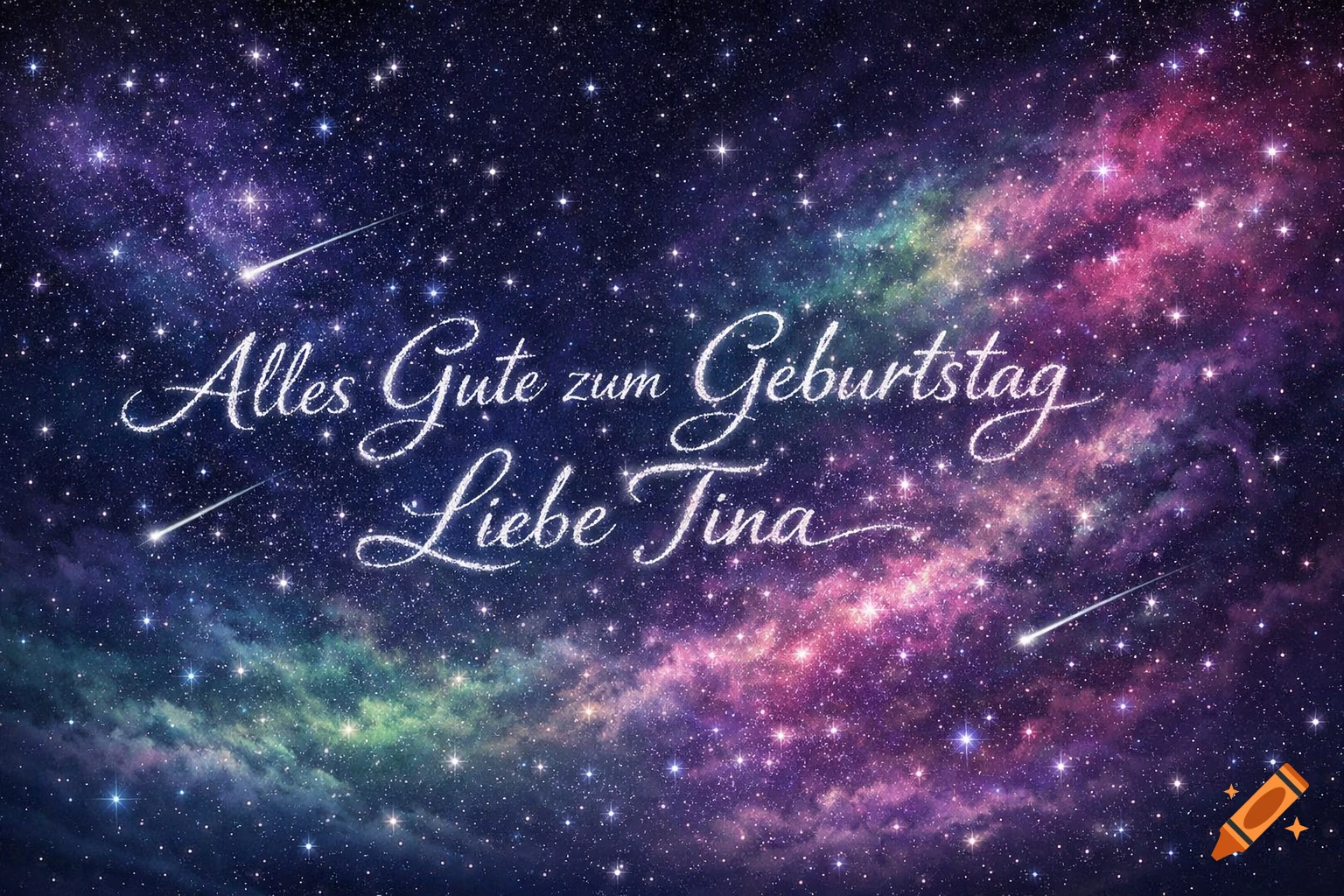Glittering German birthday message 'Alles Gute zum Geburtstag Liebe Tina' against a vibrant starry night sky with shooting stars and nebulae.