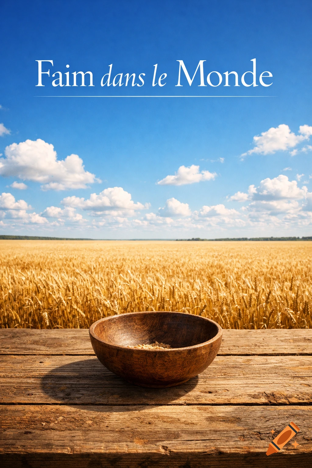 Wooden bowl with grains on a rustic table overlooking a golden wheat field under a blue sky, text 'Faim dans le Monde'.