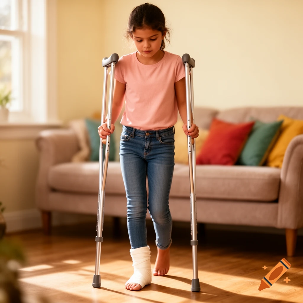 A young girl with a bandaged ankle walks with crutches across a wooden floor in a sunlit living room.