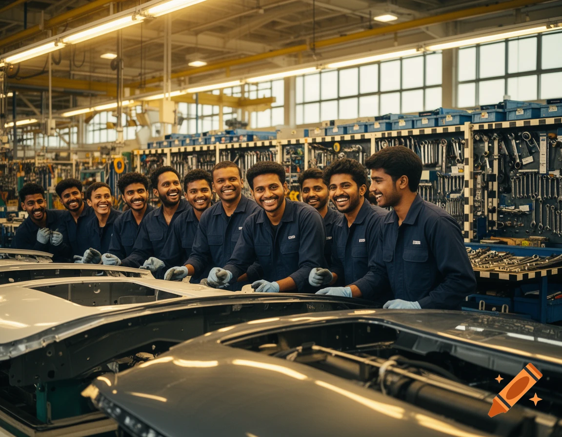 A group of smiling men in blue uniforms and gloves stand in a factory, working on vehicle frames in a photorealistic style.