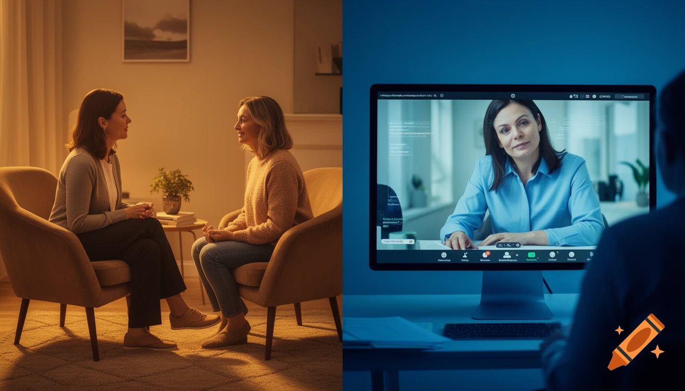 Split scene showing therapy: left, two women talk in a warm room; right, a person views a woman on a computer screen in a cool-toned room. Photorealistic style.