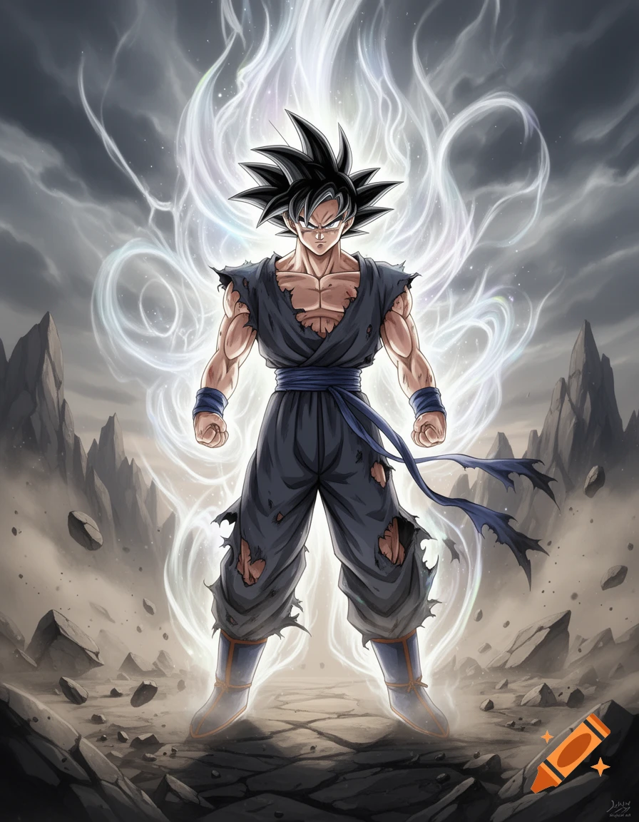 Anime illustration of Goku in a ripped dark gi, powered up with glowing white Ultra Instinct aura, standing on rocky ground.