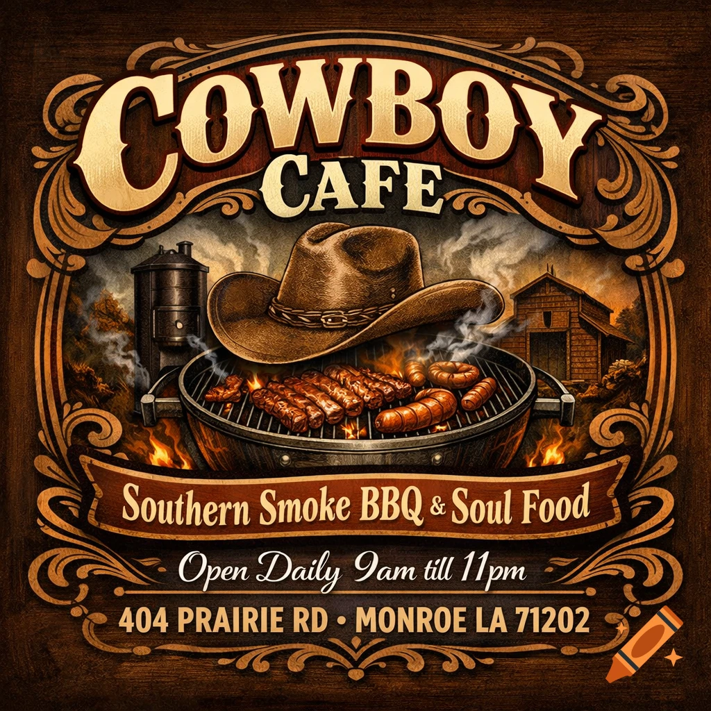 A rustic logo for Cowboy Cafe, featuring a cowboy hat and a grill with BBQ and sausages, set against a wooden background with ornate framing. Text reads "Southern Smoke BBQ & Soul Food" and business hours/address.