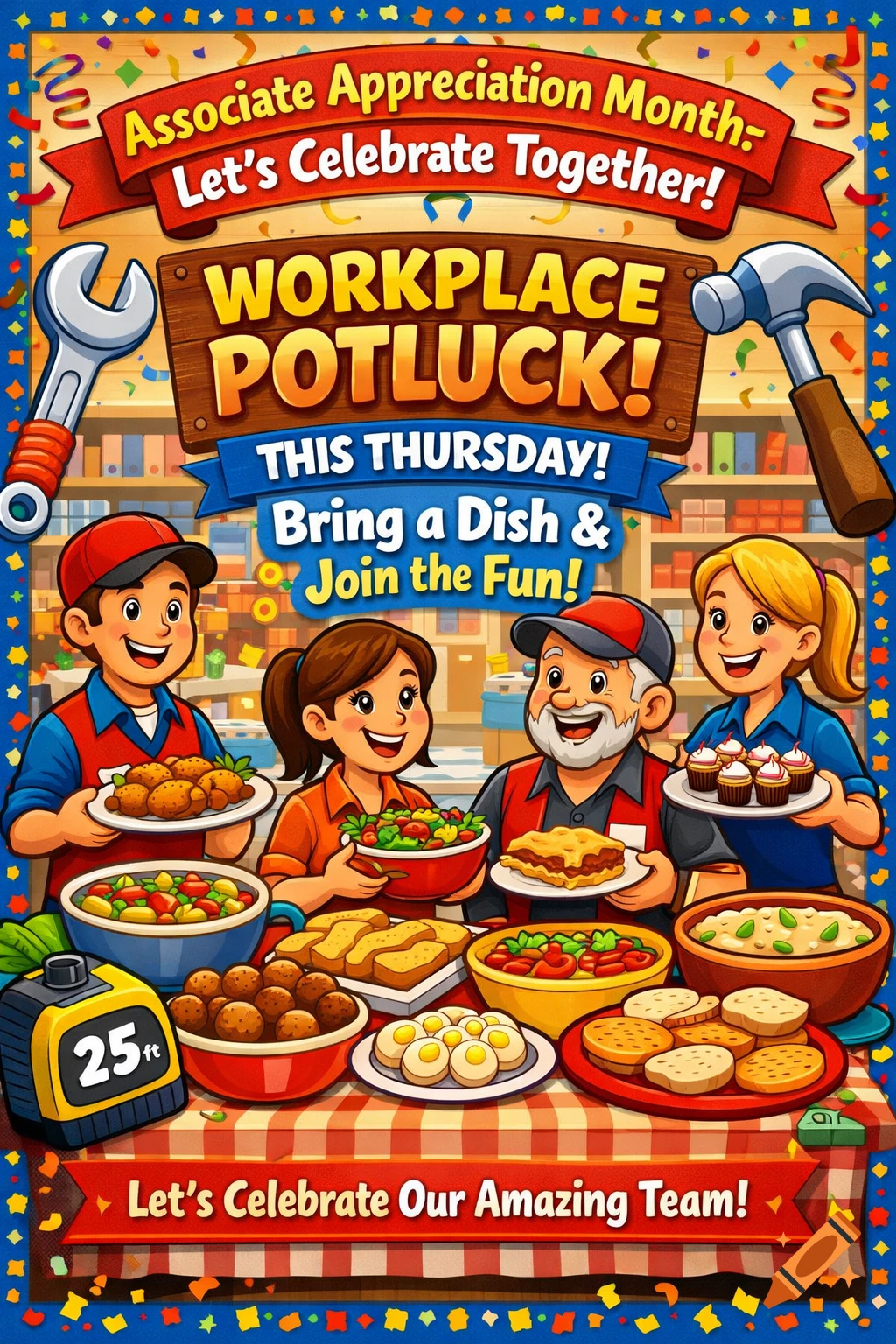 Cartoon flyer for a workplace potluck, showing diverse happy employees holding food, surrounded by tools and festive confetti.
