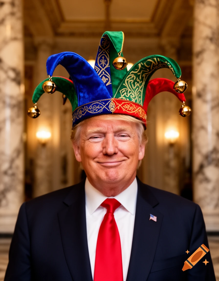 Photorealistic portrait of Donald Trump smiling while wearing a colorful jester hat.