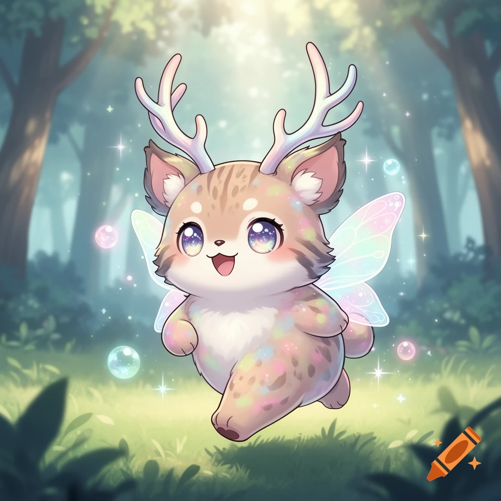 A kawaii chibi fantasy creature with antlers and fairy wings smiles in a magical forest clearing with sparkling bubbles.