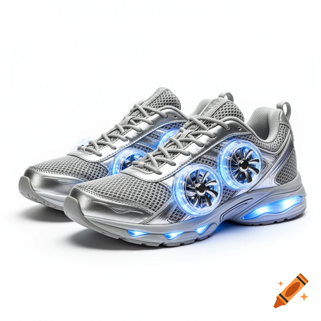 A pair of silver metallic and mesh sneakers with glowing blue ventilation fans and sole lights.