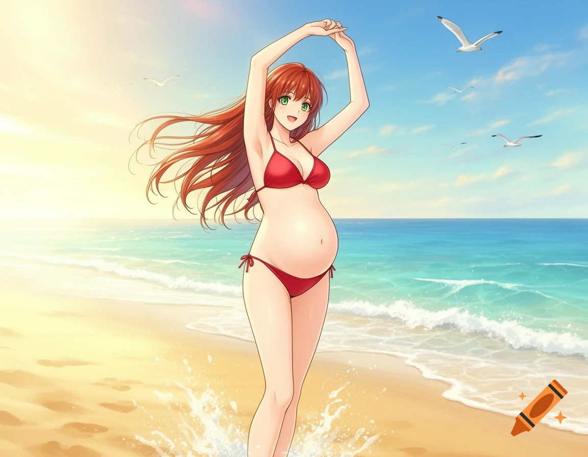 A pregnant anime woman in a red bikini stands on a sunny beach with her arms raised, seagulls fly above the ocean.