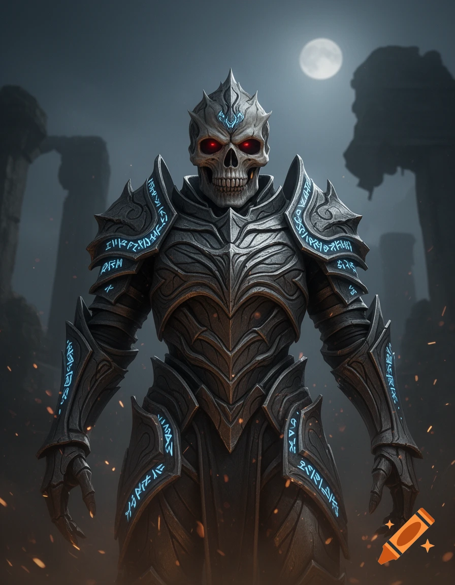 A skeletal warrior in detailed, dark grey armor with glowing blue runes stands under a full moon in a ruined landscape.