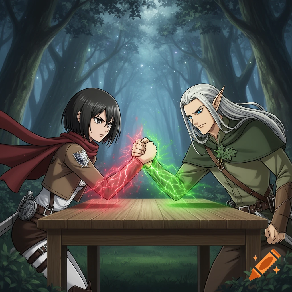 Mikasa Ackerman and a white-haired elf arm wrestle across a wooden table in a magical forest, red and green energy glowing around their arms.