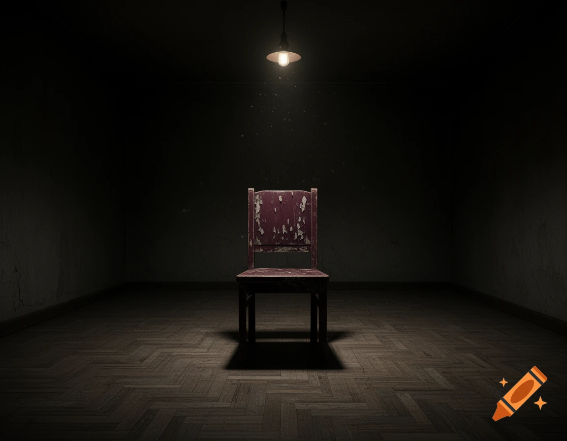 An old, peeling red chair sits alone in a dark, dimly lit room with a wooden parquet floor, creating a moody atmosphere.