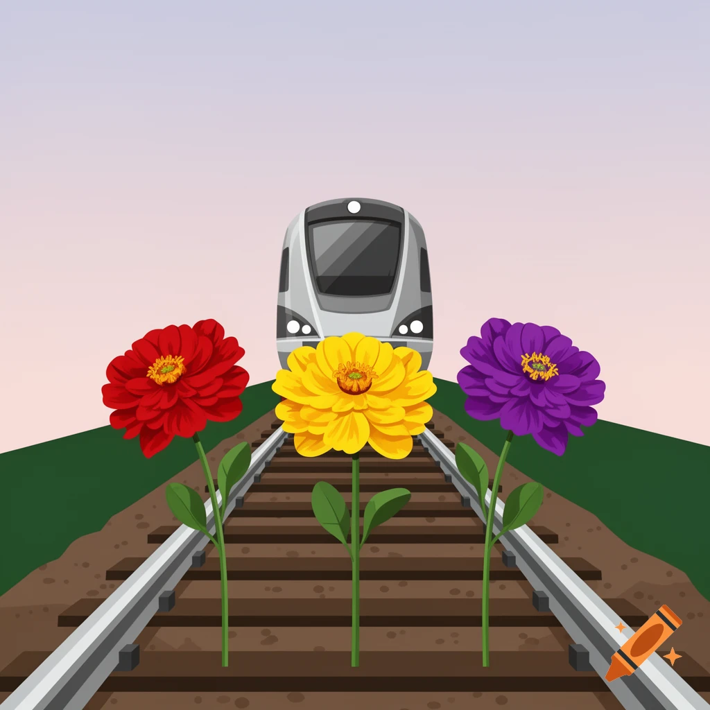 Three colorful flowers (red, yellow, purple) on train tracks, facing a modern gray train in the background, in a clean illustration style.