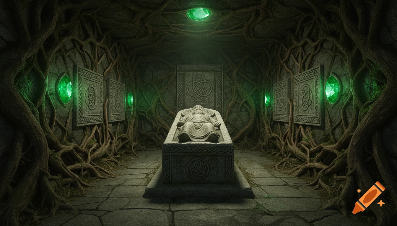 A stone sarcophagus depicting a bearded figure lies in a root-covered, mossy underground chamber with glowing green emeralds and Celtic symbols.