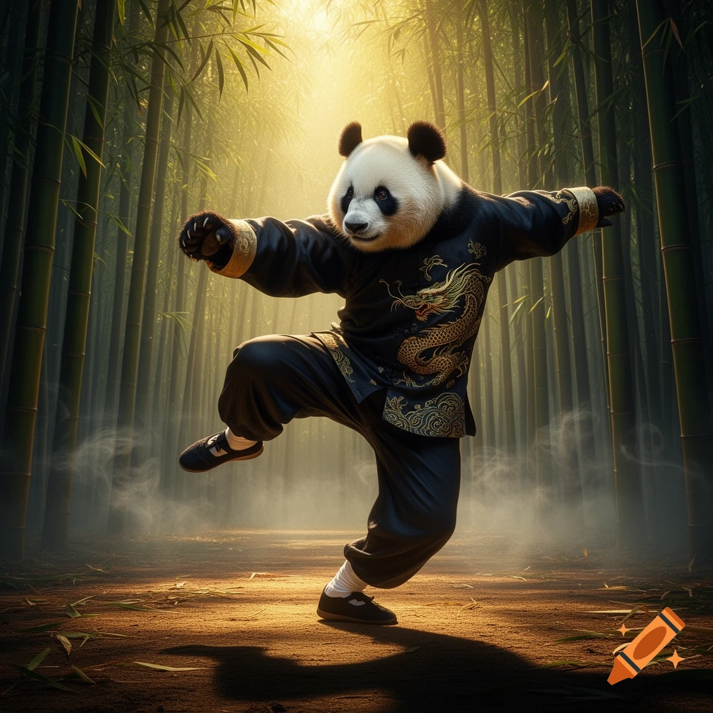 A panda in a black kung fu uniform with a golden dragon design, striking a martial arts pose in a sunlit bamboo forest.