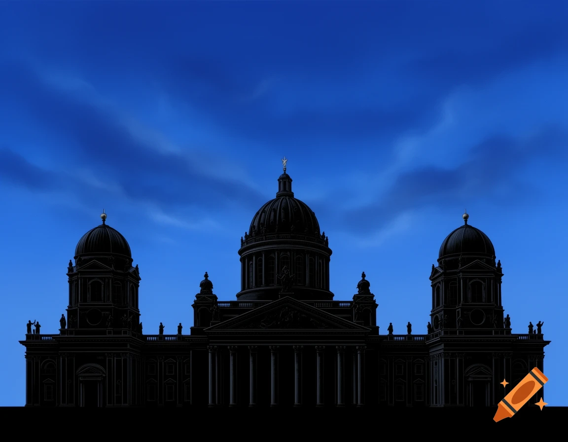 Silhouette of the Berliner Gendarmenmarkt buildings against a deep blue sky.