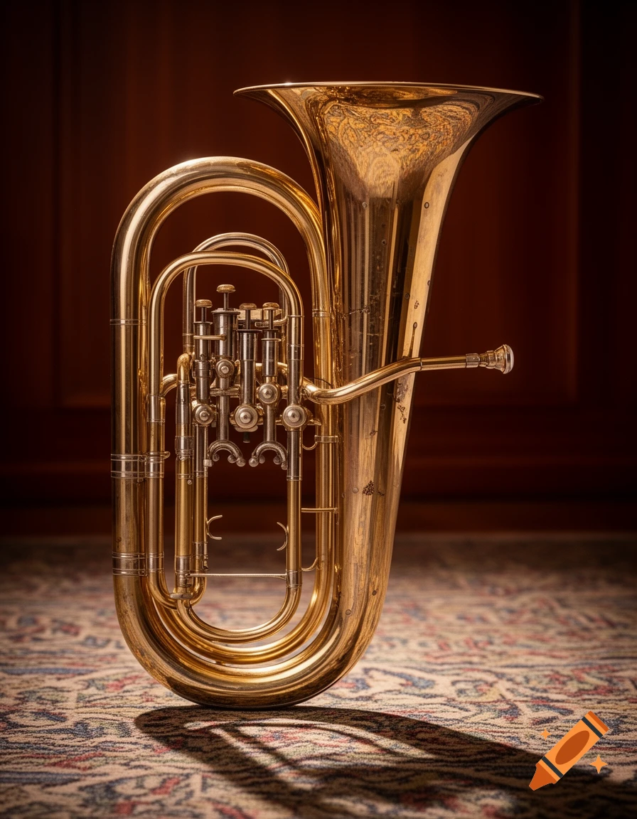 A shiny golden euphonium stands on a patterned rug against a dark wooden background, bathed in warm light.