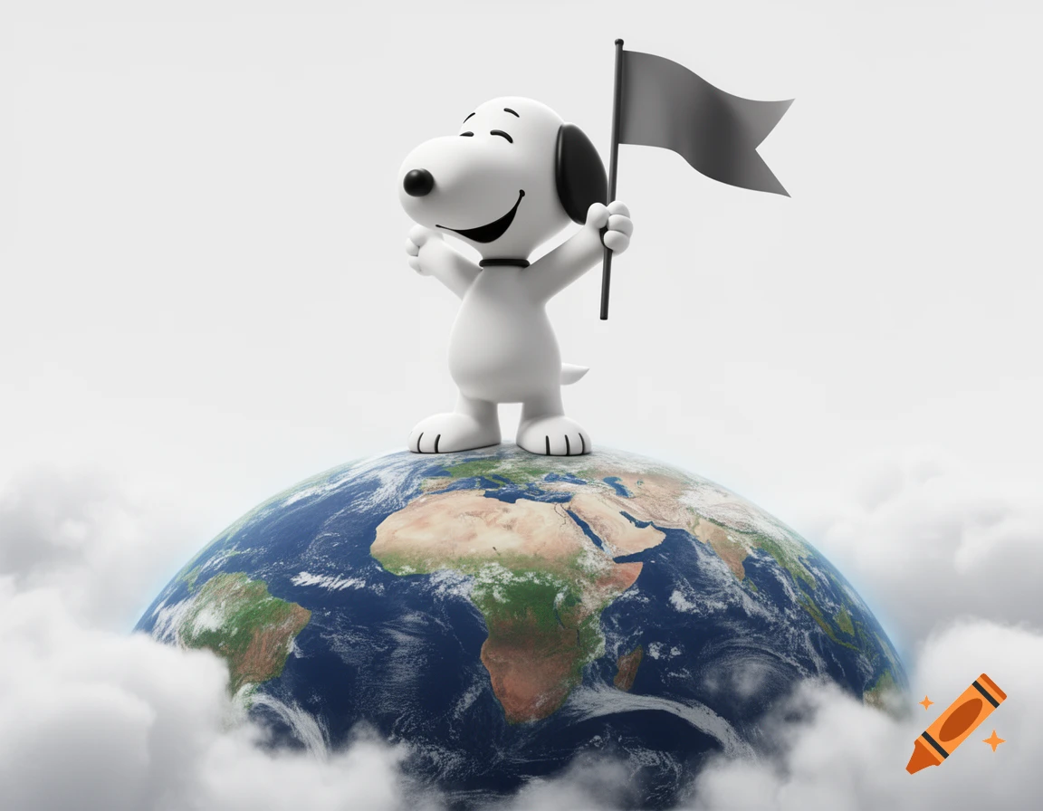 A 3D render of Snoopy standing triumphantly on top of a realistic Earth, holding a plain gray flag, surrounded by clouds.