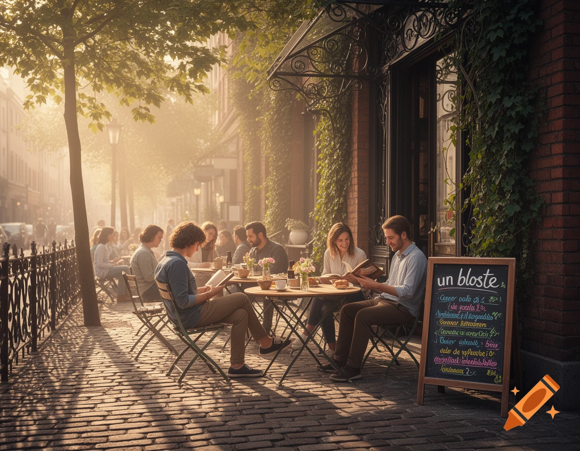 An outdoor cafe on a cobblestone street, with people sitting at tables bathed in warm sunlight, enjoying coffee and reading.