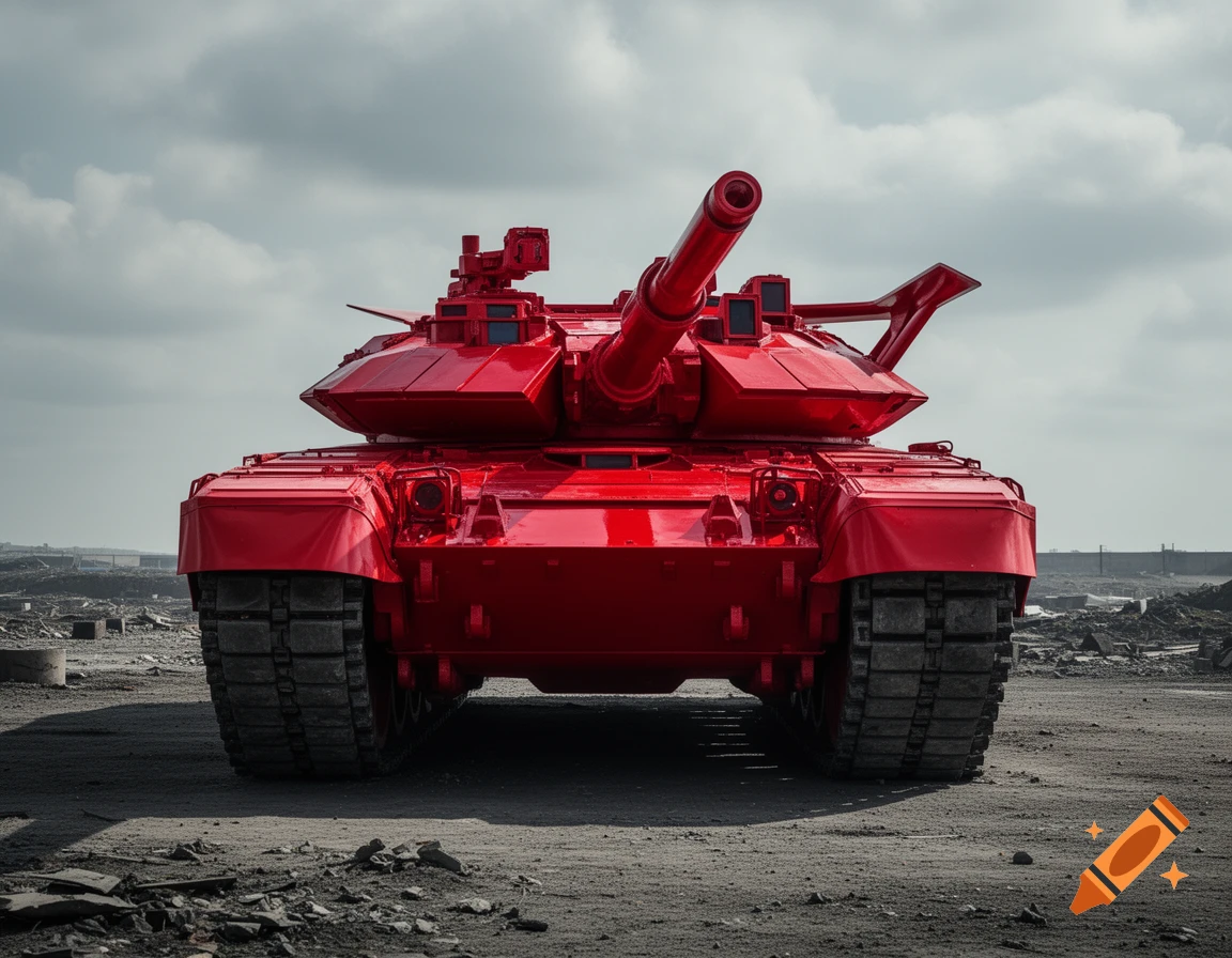 A bright red military tank with a spoiler, viewed from the front, on a desolate ground under a cloudy sky.