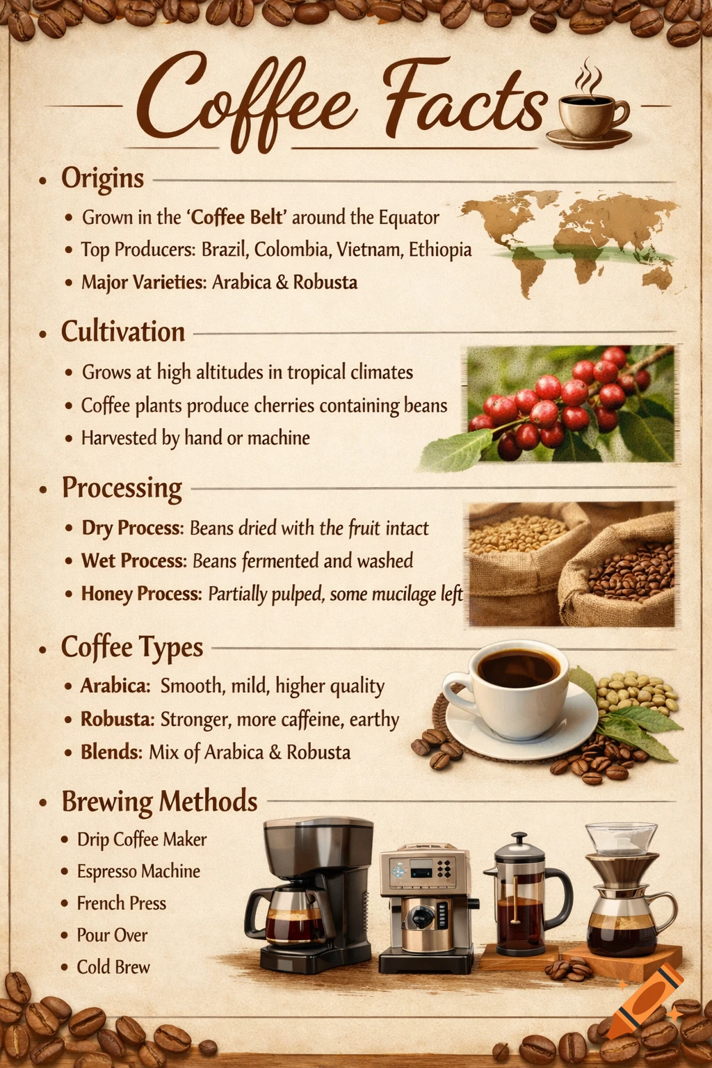 An infographic titled 'Coffee Facts' detailing origins, cultivation, processing, types, and brewing methods, accompanied by relevant images.